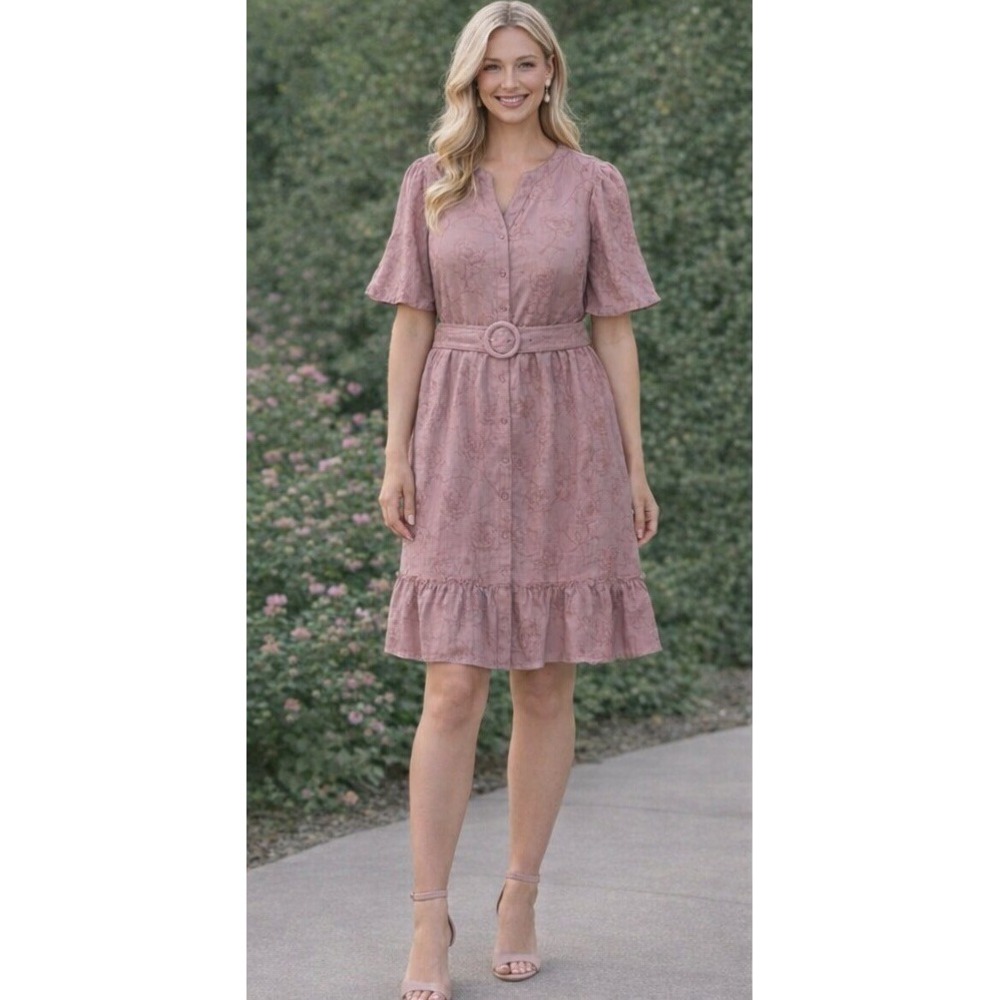 Joie Mini Dress Women Size 14 Dusty Rose Floral Belted Ruffle 1/2 Sleeve EUC